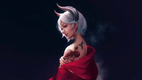 An anime heroine holds her pose as embers drift past her.