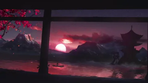 A still anime lake with clouds gliding overhead.