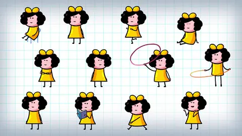 Stylised figures moving through a looping scene.
