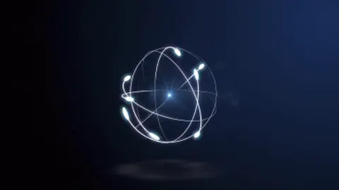 Atoms tracing luminous orbits around a glowing core.