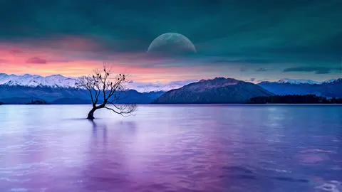An anime lake at dusk under a wide, still sky.