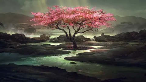A sakura tree letting its blossom go.